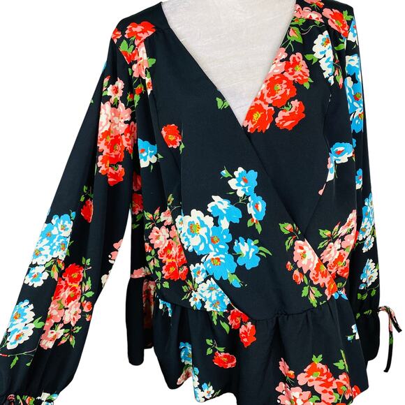 ASOS Blouse Top Size 18 Black Floral Bell Sleeves V-Neck Peplum - Picture 3 of 9
